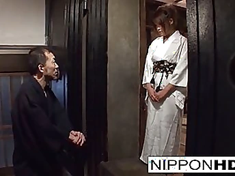 Asian in a kimono gets hairy cooter hole fingered