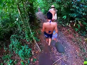 Sexy tattooed MILF Deny Barbie & Natzinha Morena get their knockers and pussies banged all round the woods