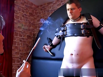 Horny babe is sexually abusing this nasty guy slapping his seductive body